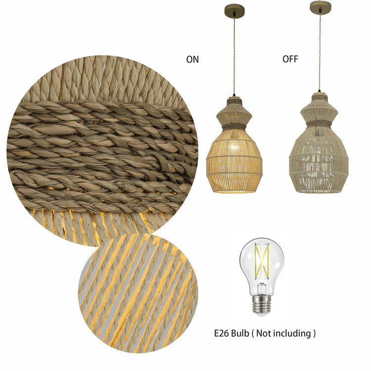 Opaline Rattan Geometric Pendant Light, Coastal Boho Handwoven Natural Shade