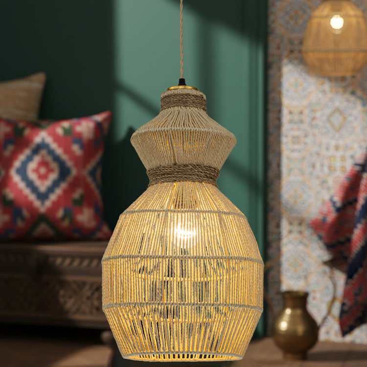 Opaline Rattan Geometric Pendant Light, Coastal Boho Handwoven Natural Shade