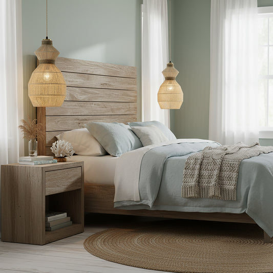 Opaline 1-Light Rattan Stacked Geometric Pendant, Coastal Boho - Handwoven