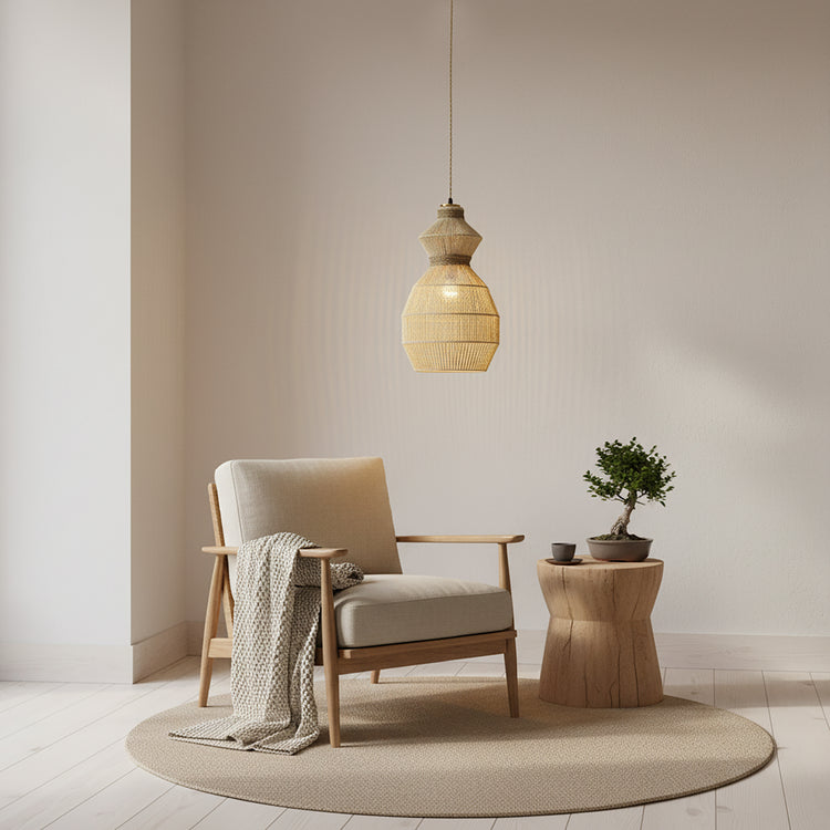 Opaline Rattan Geometric Pendant Light, Coastal Boho Handwoven Natural Shade