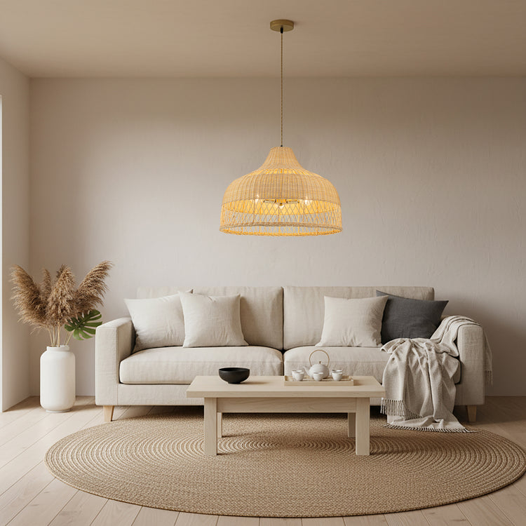 Lumara 3-Light Rattan Large Dome Pendant, Coastal Boho - Handwoven