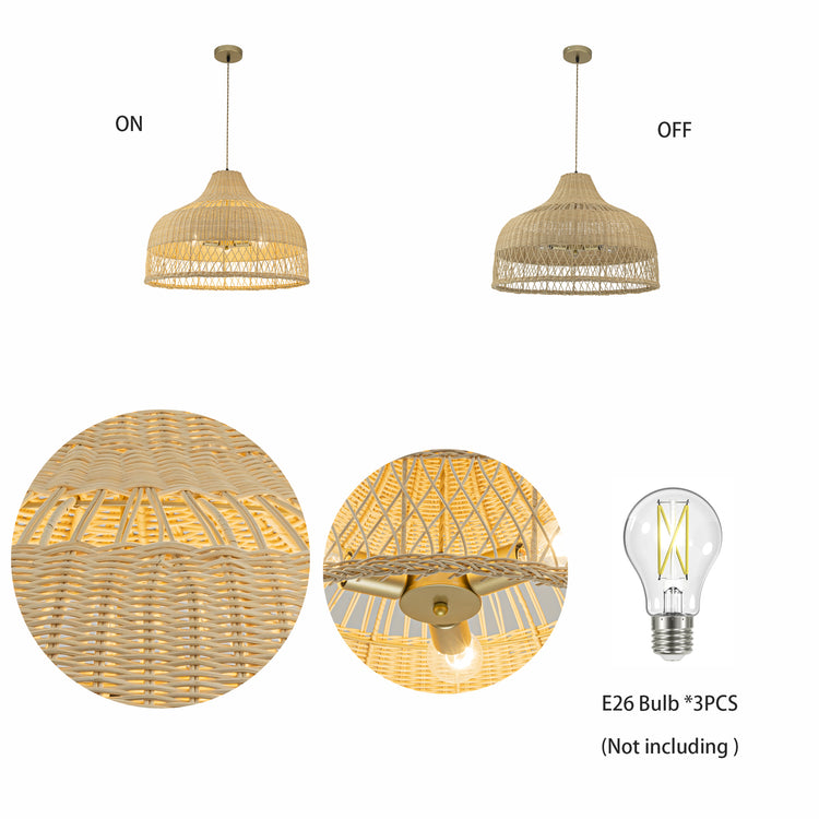 Lumara 3-Light Rattan Large Dome Pendant, Coastal Boho - Handwoven