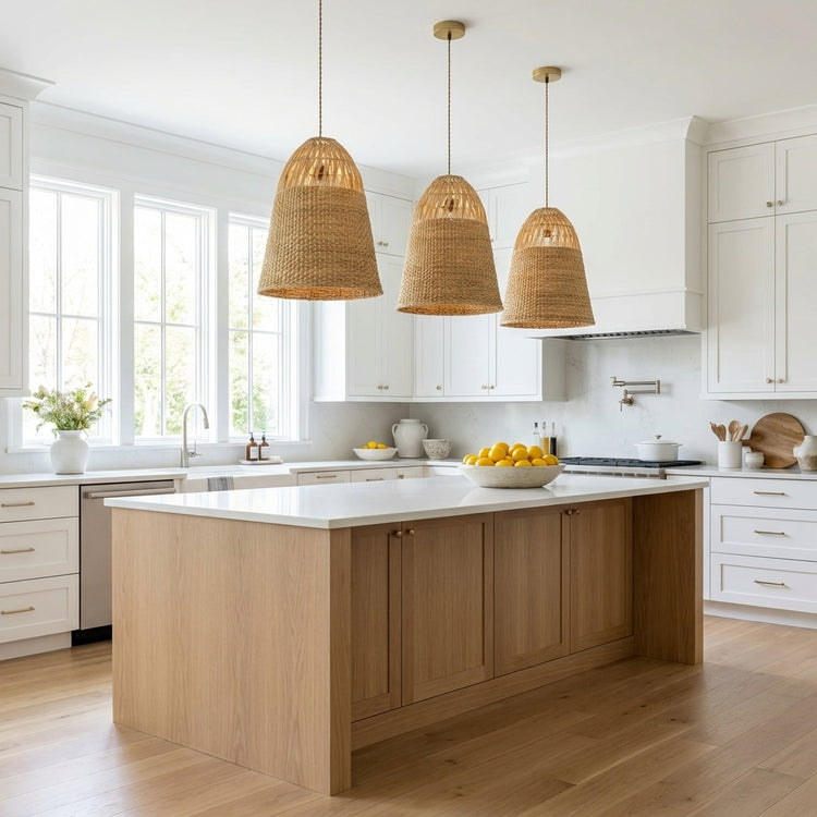 Willa Rattan Bell Pendant Light, Coastal Boho Handwoven Natural Shade