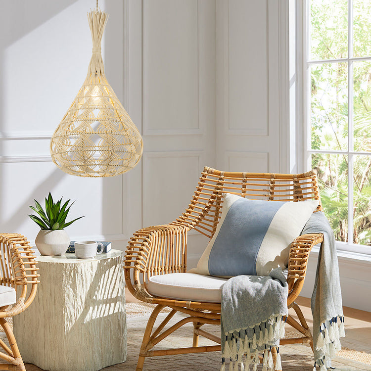 Silvio Large Rattan Teardrop Pendant Light, Coastal Boho Handwoven Statement Fixture