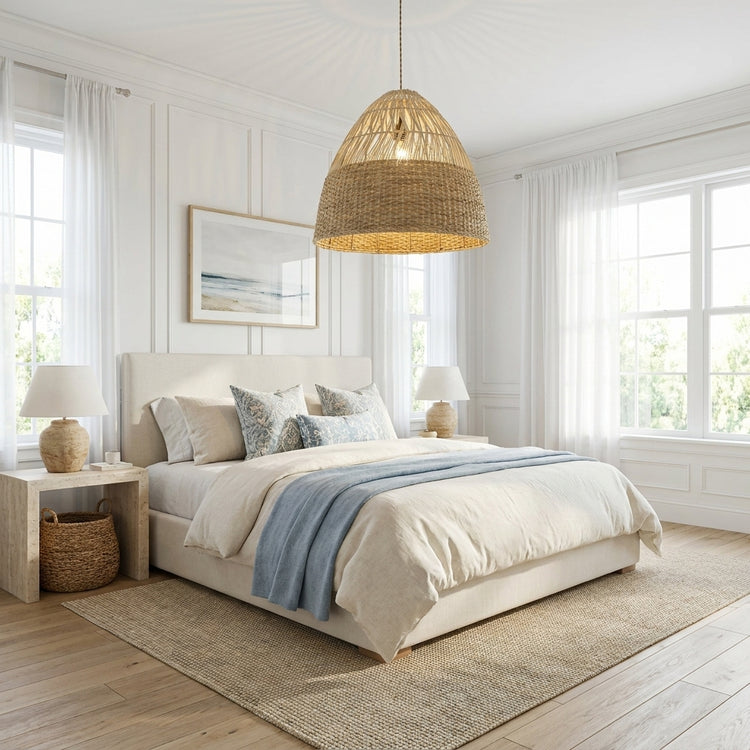 Willa Dome Rattan Pendant Light, Coastal Boho Handwoven Natural Shade