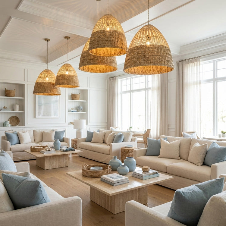 Willa Dome Rattan Pendant Light, Coastal Boho Handwoven Natural Shade