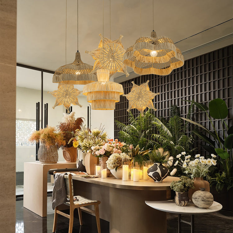 Aurelia Raffian Dome Pendant Light, Coastal Boho Handwoven Natural Fiber Shade