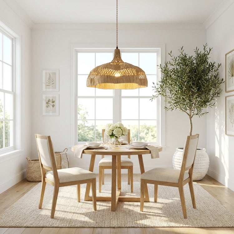 Aurelia Raffian Dome Pendant Light, Coastal Boho Handwoven Natural Fiber Shade