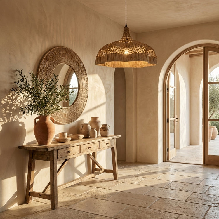 Aurelia Raffian Dome Pendant Light, Coastal Boho Handwoven Natural Fiber Shade