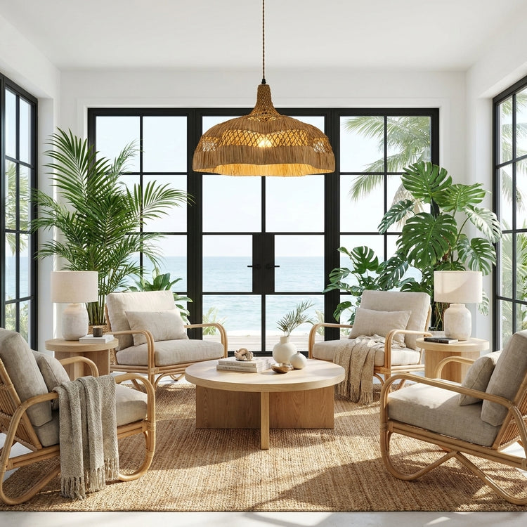 Aurelia Raffian Dome Pendant Light, Coastal Boho Handwoven Natural Fiber Shade