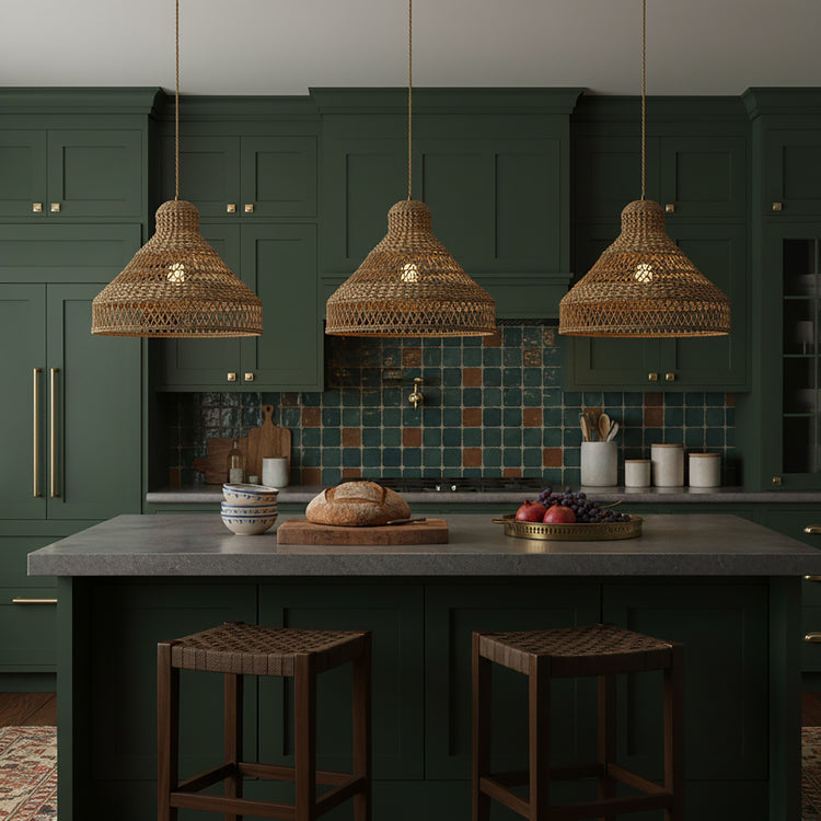 Homa Rattan Dome Pendant Light, Coastal Rustic Handwoven Natural Lighting