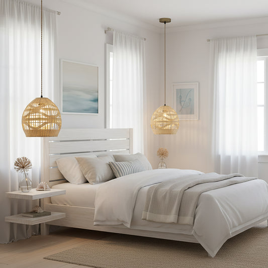 Nala1-Light Rattan Dome Pendant, Coastal Boho - Handwoven