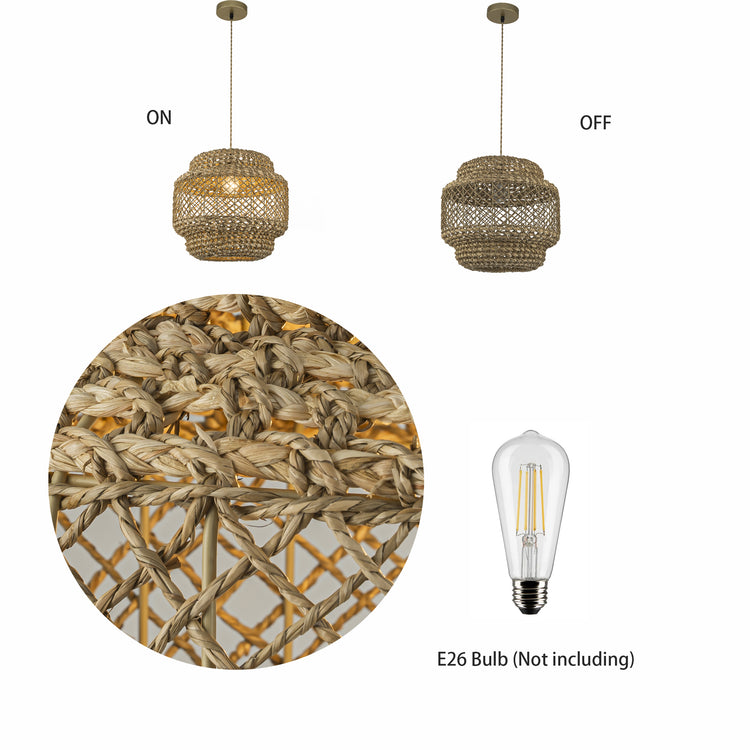 Homa Rattan Coastal Boho 14 in. Gold Drum Pendant Light