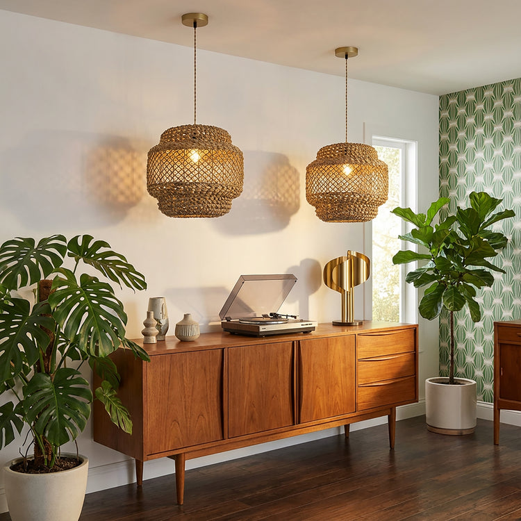 Homa Rattan Coastal Boho 14 in. Gold Drum Pendant Light