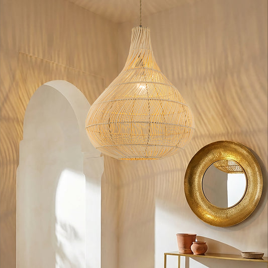 Roj Rattan Teardrop Pendant Light, Coastal Boho Handwoven Natural Shade