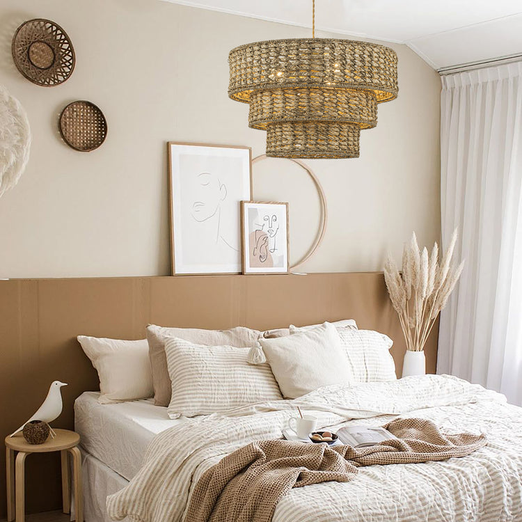 Aras 3-Light Rattan Coastal Boho 19 in. 3-Tier Gold Drum Pendant Light