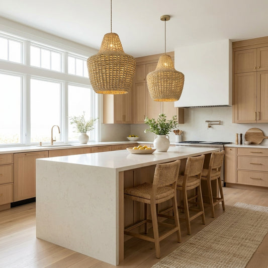 Mika Handwoven Rattan Pendant Light, Modern Coastal Boho Natural Fiber Lighting