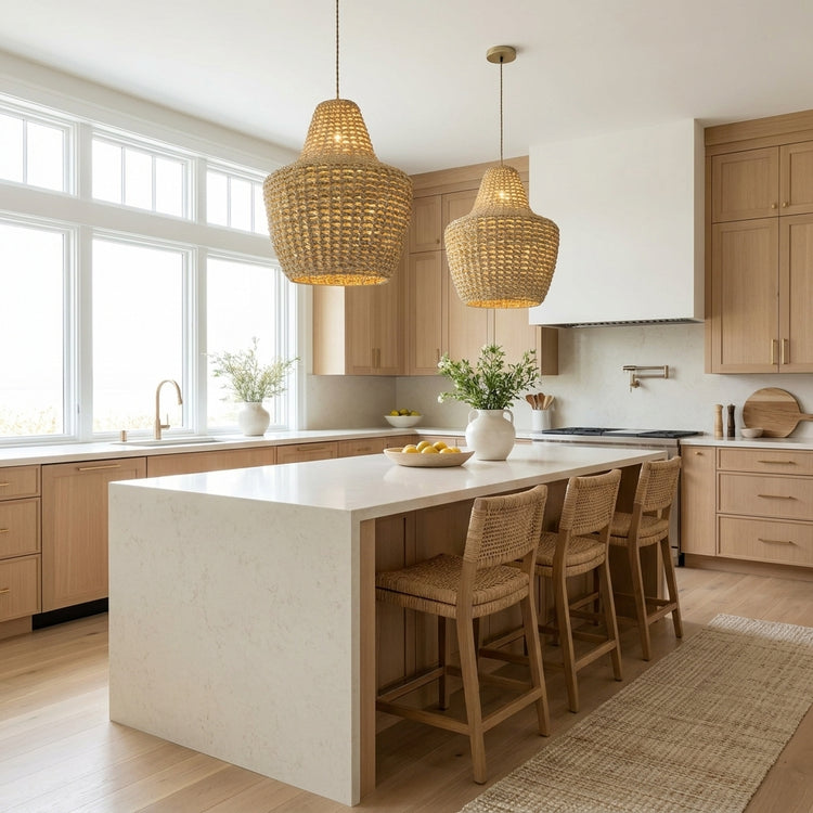 Mika Handwoven Rattan Pendant Light, Modern Coastal Boho Natural Fiber Lighting