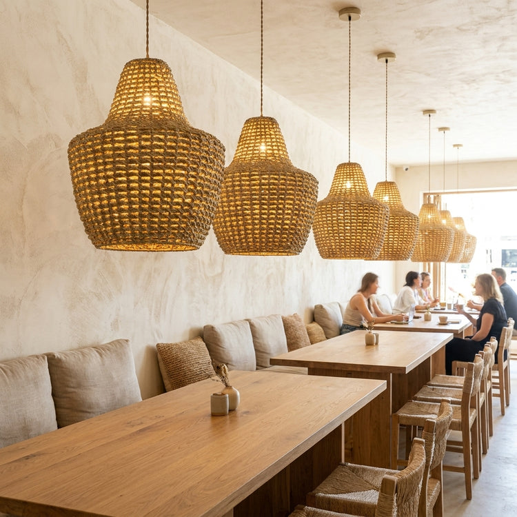 Mika Handwoven Rattan Pendant Light, Modern Coastal Boho Natural Fiber Lighting
