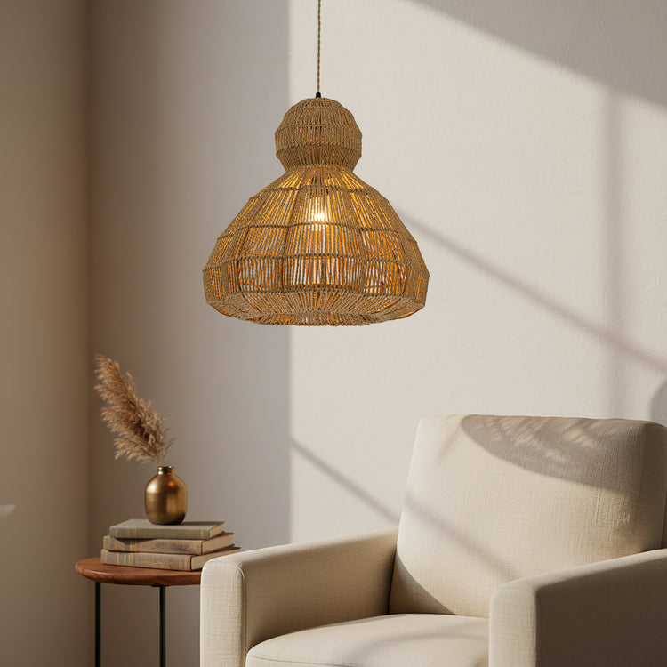 Ciel 1-Light Rattan Hemp Scalloped Pendant, Coastal Boho - Handwoven
