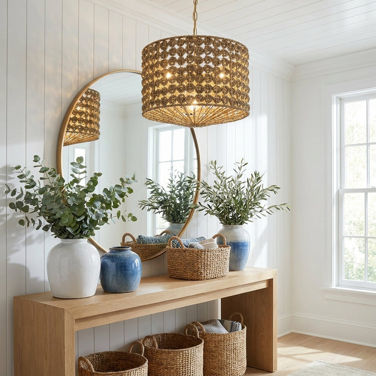 Koyo 4-Light Rattan Hemp Drum Pendant, Rustic Coastal Boho - Handwoven