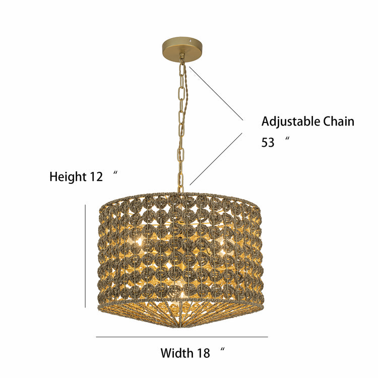 Koyo 4-Light Rattan Hemp Drum Pendant, Rustic Coastal Boho - Handwoven