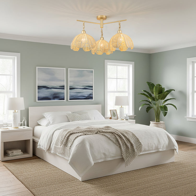 Cali 3-Light Rattan Floral Semi Flush Mount, Coastal Boho - Handwoven