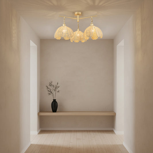 Cali 3-Light Rattan Floral Semi Flush Mount, Coastal Boho - Handwoven