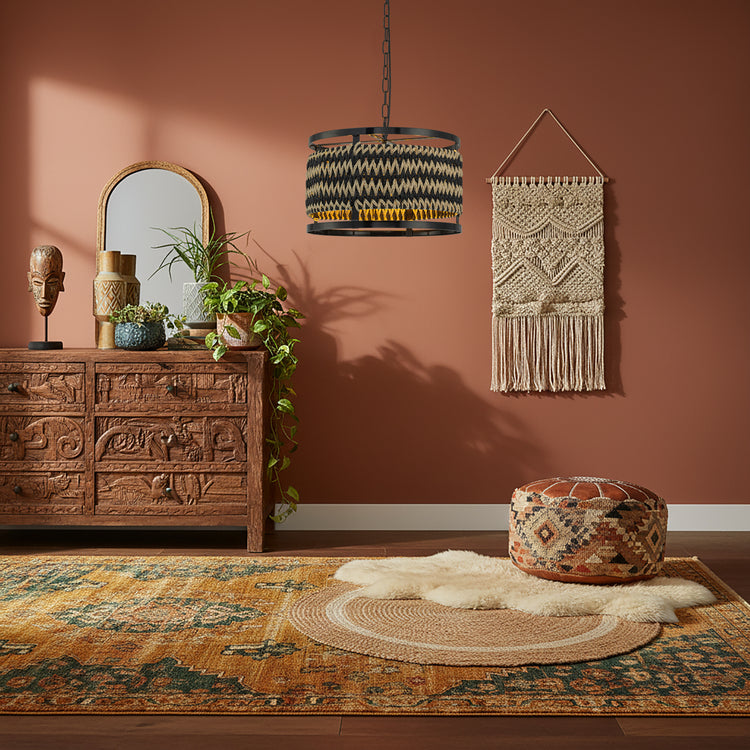 Inca 3-Light Rattan Hemp Drum Pendant, Scandi Coastal Boho - Handwoven