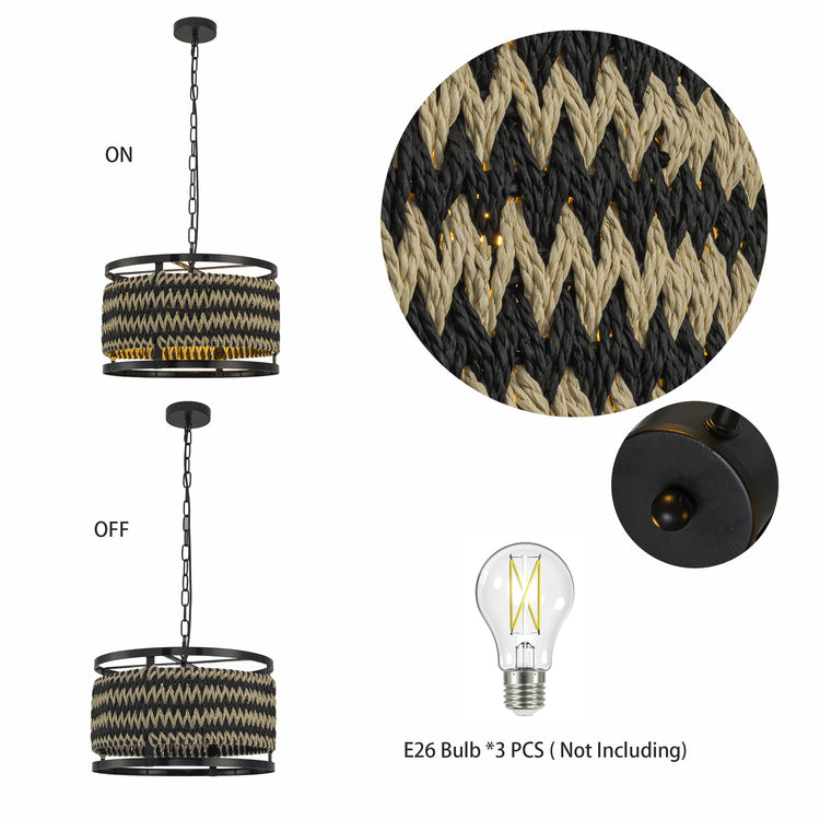 Inca 3-Light Rattan Hemp Drum Pendant, Scandi Coastal Boho - Handwoven