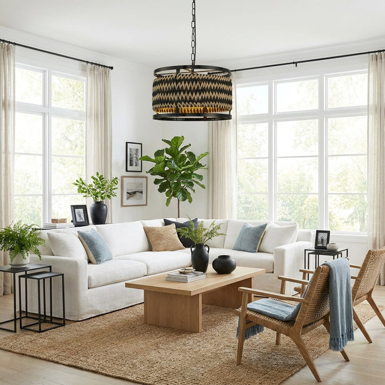 Inca 3-Light Rattan Hemp Drum Pendant, Scandi Coastal Boho - Handwoven