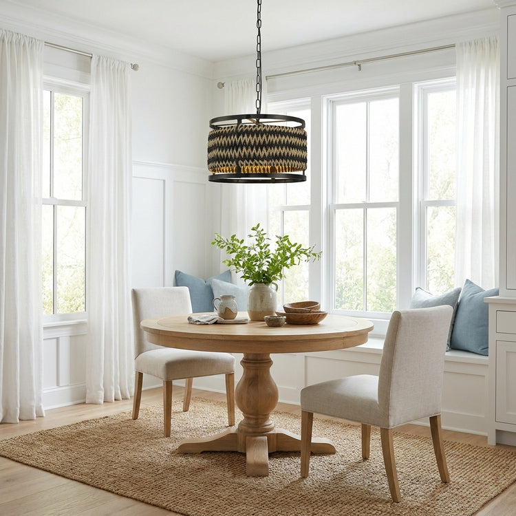 Inca 3-Light Rattan Hemp Drum Pendant, Scandi Coastal Boho - Handwoven