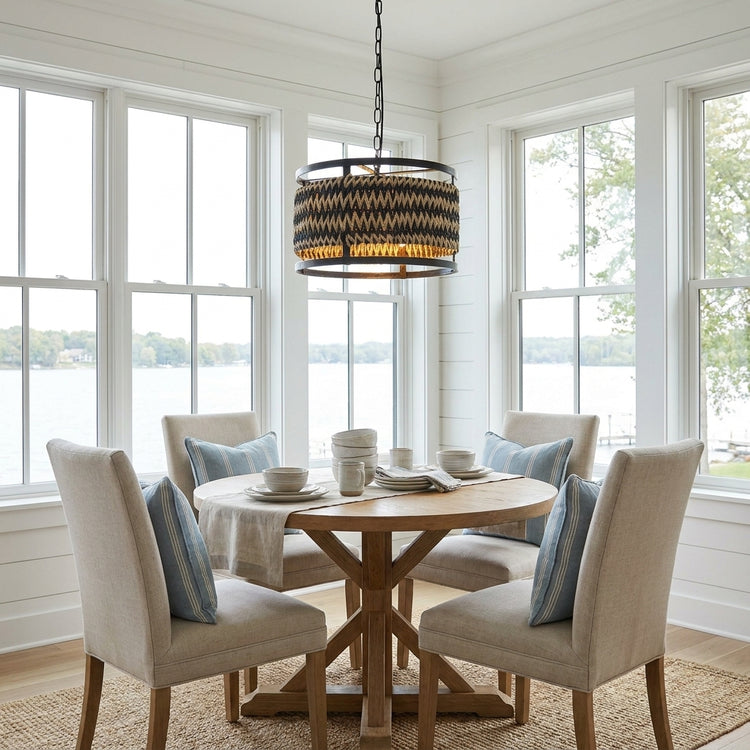 Inca 3-Light Rattan Hemp Drum Pendant, Scandi Coastal Boho - Handwoven