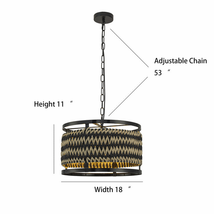 Inca 3-Light Rattan Hemp Drum Pendant, Scandi Coastal Boho - Handwoven