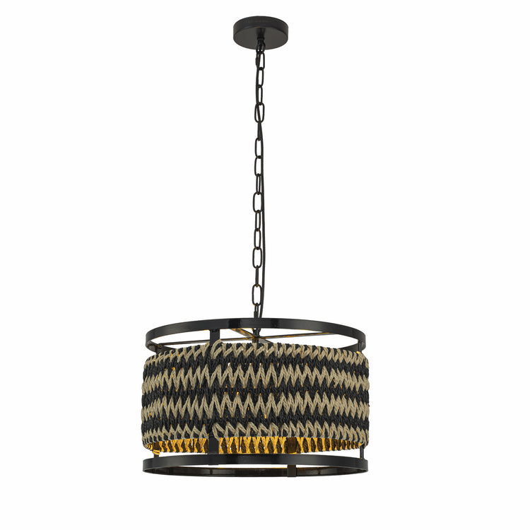 Inca 3-Light Rattan Hemp Drum Pendant, Scandi Coastal Boho - Handwoven