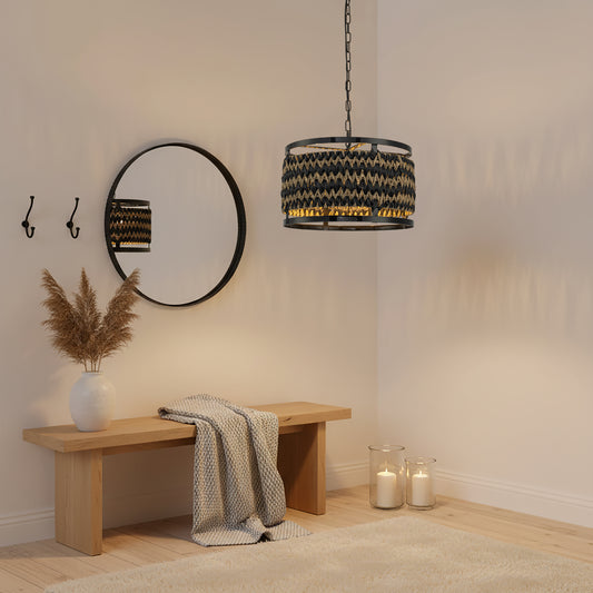 Amara 3-Light Wicker Drum Pendant, Rustic Boho - Handwoven