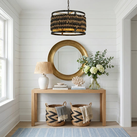 Amara 3-Light Wicker Drum Pendant, Rustic Boho Handwoven Natural Lighting