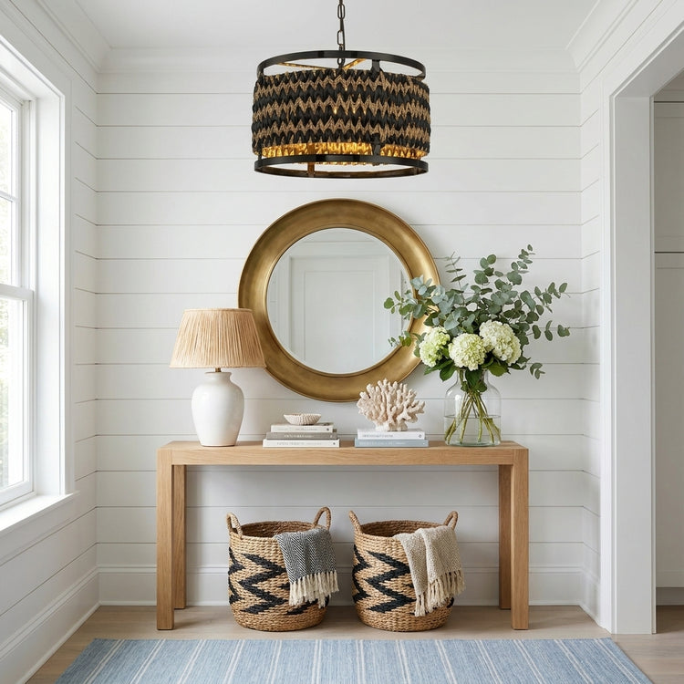 Amara 3-Light Wicker Drum Pendant, Rustic Boho Handwoven Natural Lighting
