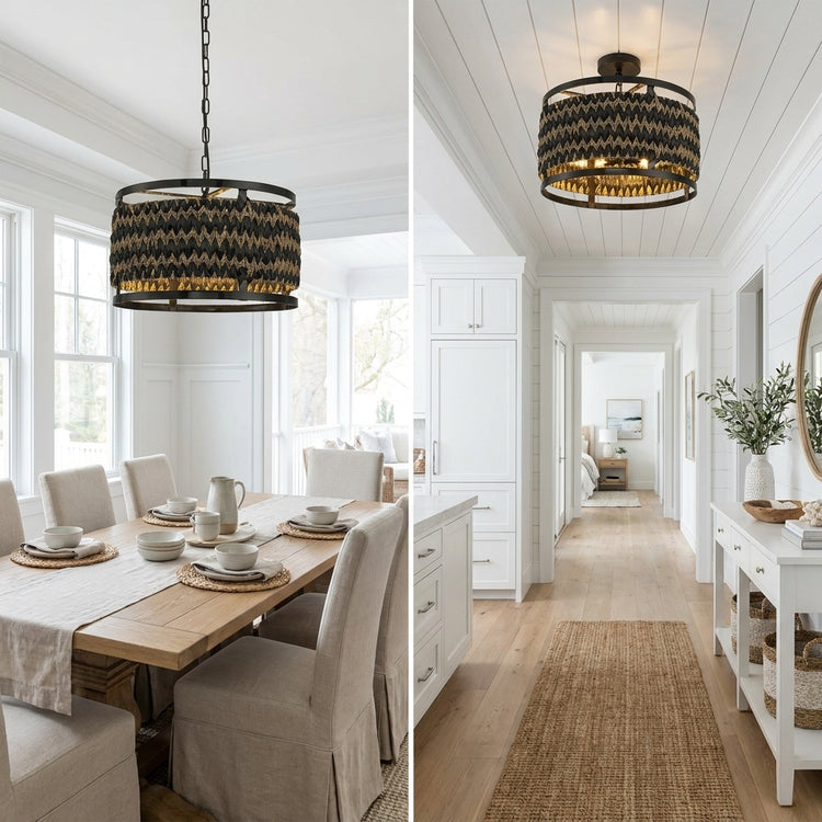 Amara 3-Light Wicker Drum Pendant, Rustic Boho Handwoven Natural Lighting