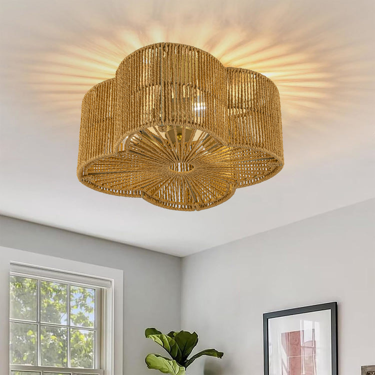 Valia 3-Light Rattan Hemp Coastal Boho 16 in. Gold Semi Flush Mount