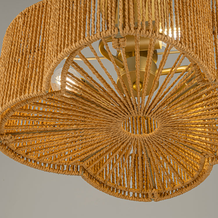 Valia 3-Light Rattan Coastal Boho 16 in. Gold Semi Flush Mount