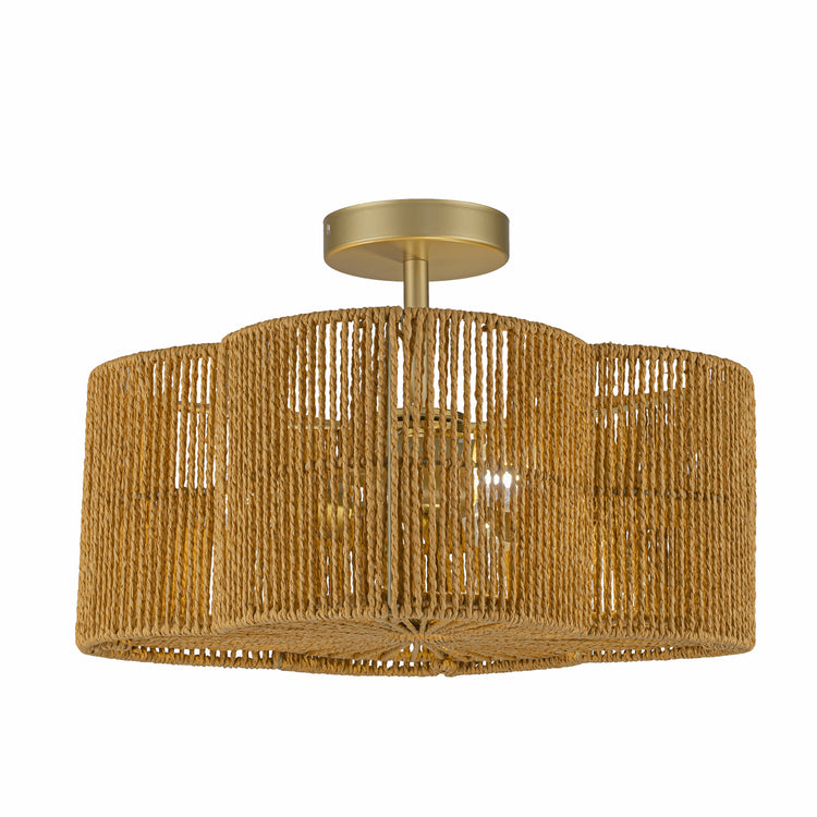 Valia 3-Light Rattan Coastal Boho 16 in. Gold Semi Flush Mount
