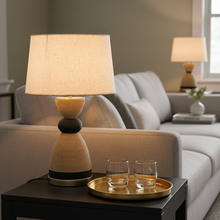 Flora 24 in. Rattan Table Lamp with USB 3-Way Touch Dimmer with Linen shade