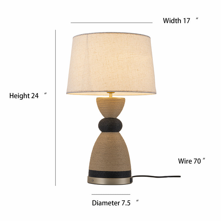 Flora 24 in. Rattan Table Lamp with USB 3-Way Touch Dimmer with Linen shade