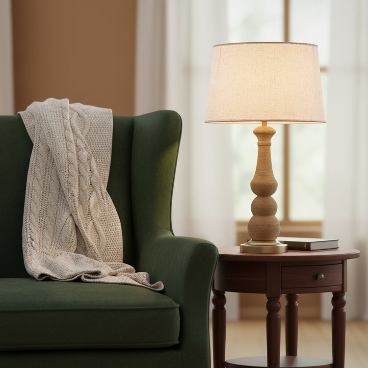 Onda 26 in. Rattan Table Lamp with USB 3-Way Touch Dimmer Linen Shade