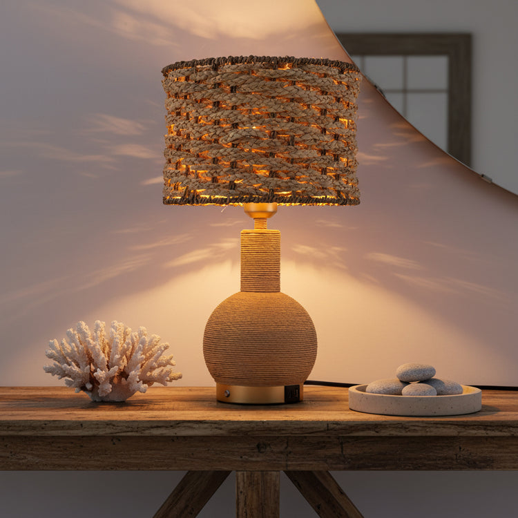 Amber 19 in. Rattan Table Lamp with USB 3-Way Touch Dimmer