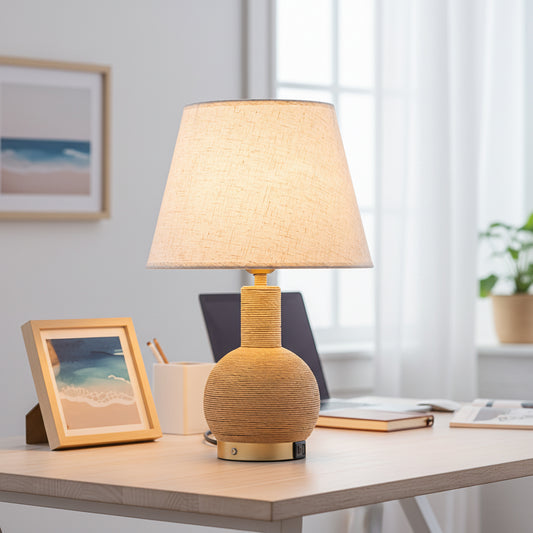 Amber 19 in. Rattan Table Lamp with USB 3-Way Touch Dimmer Linen Shade