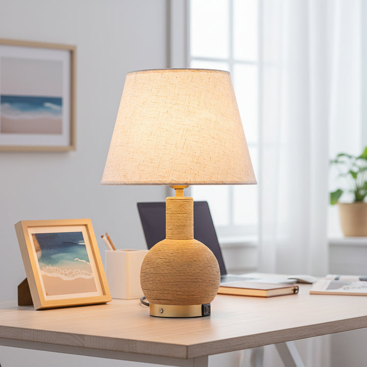 Amber 19 in. Rattan Table Lamp with USB 3-Way Touch Dimmer Linen Shade