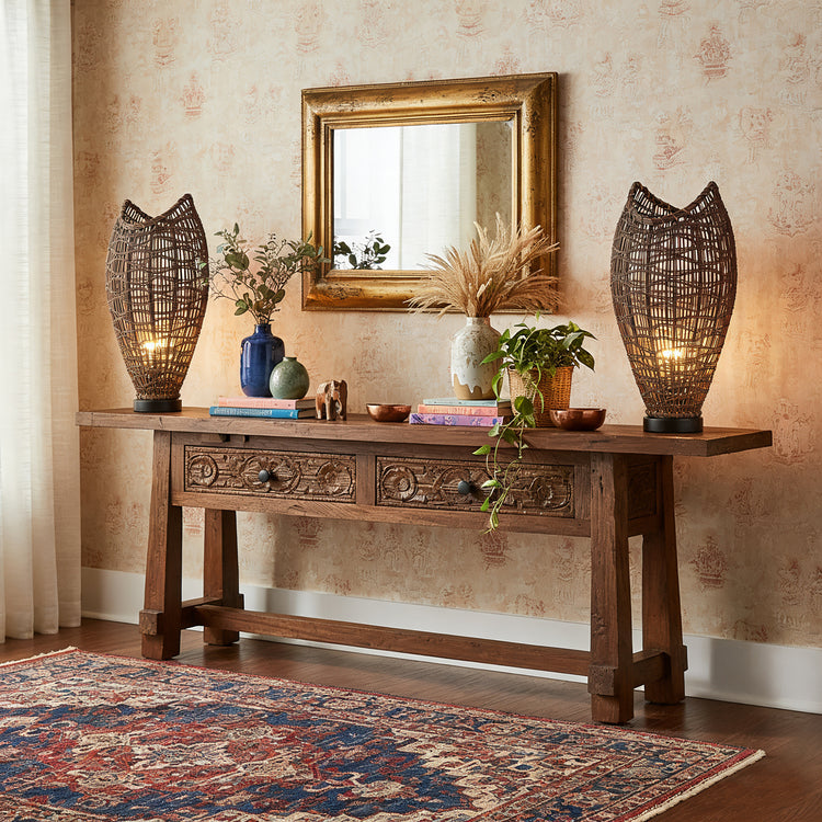 Kyoto 1-Light Rattan Table Lamp, Coastal Boho Japandi - Handwoven