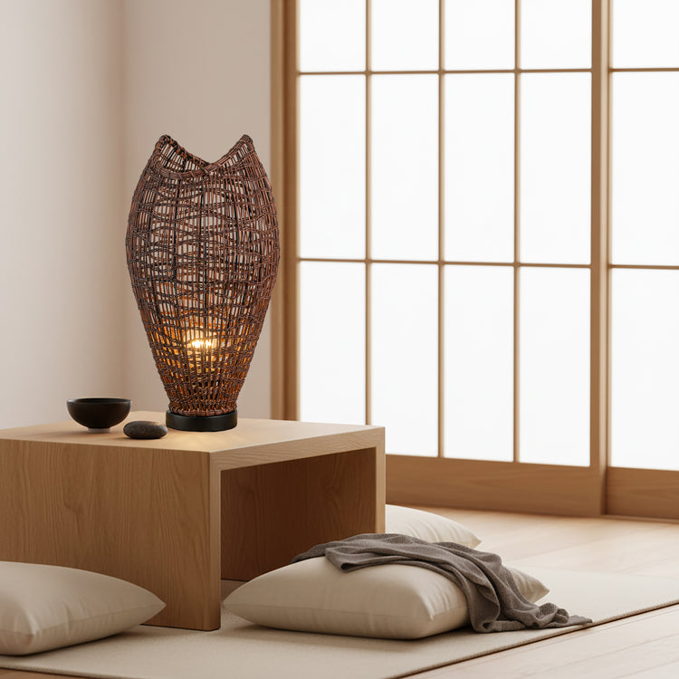 Kyoto 1-Light Rattan Table Lamp, Coastal Boho Japandi - Handwoven